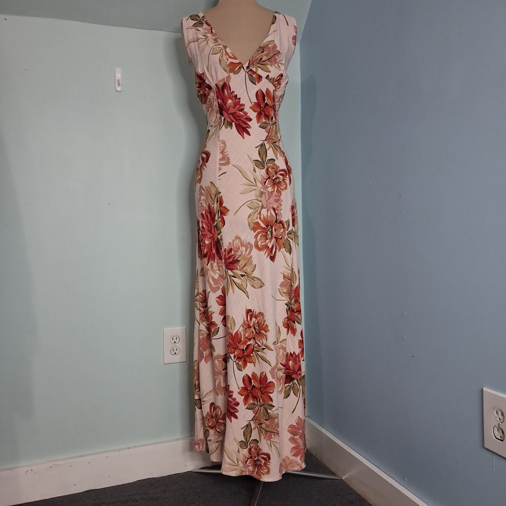 Paper Heart Floral Linen Blend Maxi Dress XL Sleeveless V-Neck Pink Red Cream